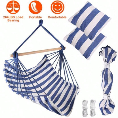 Hammock Hanging Chair Canvas Porch Patio Swing Portable Camping Rope Wooden Stick Hammock Chair with 2 Pillows 265LBS Load - bearing