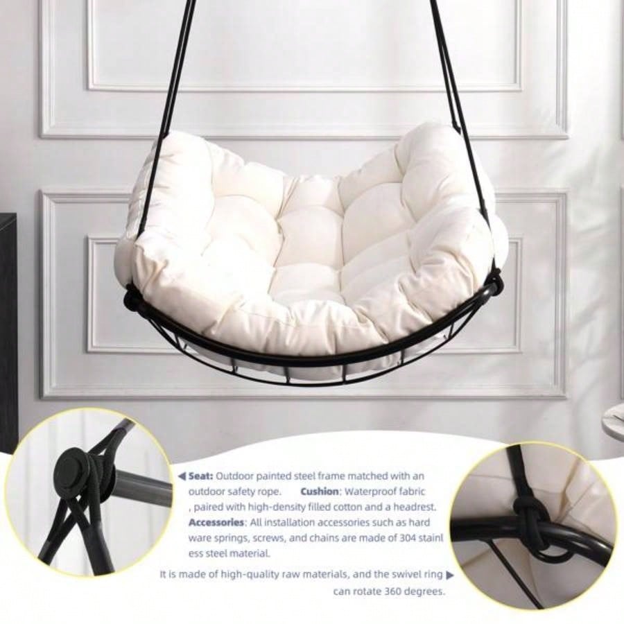 Hammock Chair Swing with Cushion - Outdoor Indoor Hanging Hammock Chair Patio, Porch, Bedroom, Garden, Courtyard, Balcony - Sturdy Steel Bar with Anti - Slip Safety Rings, white