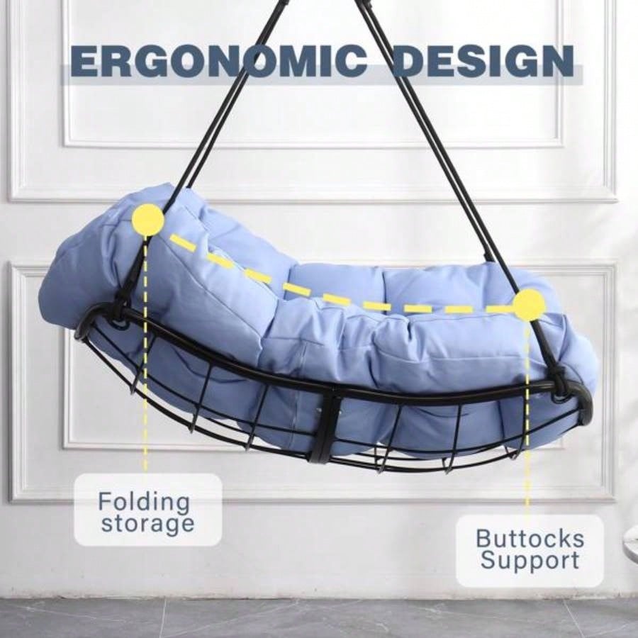 Hammock Chair Swing with Cushion - Outdoor Indoor Hanging Hammock Chair Patio, Porch, Bedroom, Garden, Courtyard, Balcony - Sturdy Steel Bar with Anti - Slip Safety Rings, BLUE