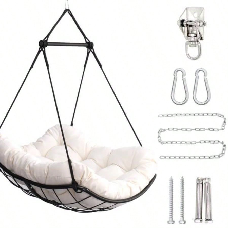 Hammock Chair Swing with Cushion - Outdoor Indoor Hanging Hammock Chair Patio, Porch, Bedroom, Garden, Courtyard, Balcony - Sturdy Steel Bar with Anti - Slip Safety Rings, white