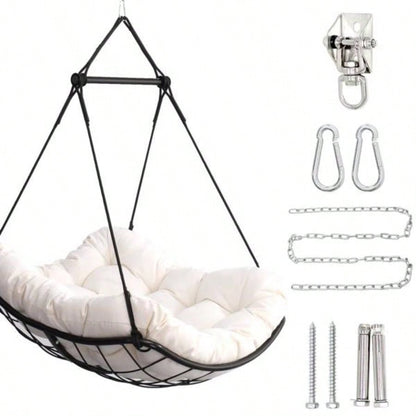 Hammock Chair Swing with Cushion - Outdoor Indoor Hanging Hammock Chair Patio, Porch, Bedroom, Garden, Courtyard, Balcony - Sturdy Steel Bar with Anti - Slip Safety Rings, white