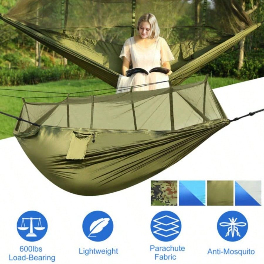 Camping Hammock, Portable Double Hammock with Net, 600lbs Load 2 Persons Hammock/Mosquito Net Outdoor Hiking Camping Hommock Portable Nylon Swing Hanging Bed/ Strap Hook Carry Bag