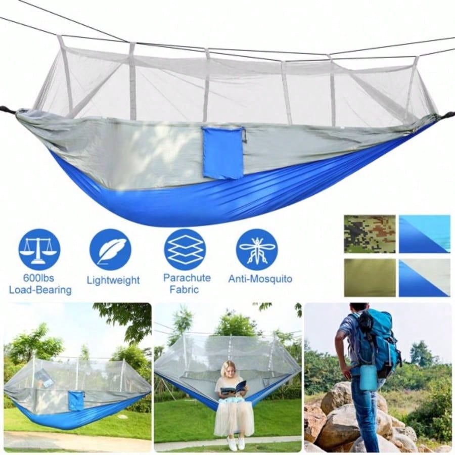 Camping Hammock, Portable Double Hammock with Net, 600lbs Load 2 Persons Hammock/Mosquito Net Outdoor Hiking Camping Hommock Portable Nylon Swing Hanging Bed/ Strap Hook Carry Bag