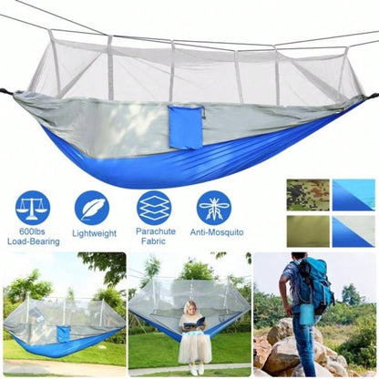 Camping Hammock, Portable Double Hammock with Net, 600lbs Load 2 Persons Hammock/Mosquito Net Outdoor Hiking Camping Hommock Portable Nylon Swing Hanging Bed/ Strap Hook Carry Bag