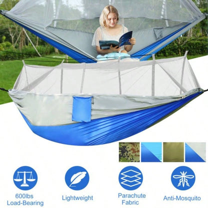 Camping Hammock, Portable Double Hammock with Net, 600lbs Load 2 Persons Hammock/Mosquito Net Outdoor Hiking Camping Hommock Portable Nylon Swing Hanging Bed/ Strap Hook Carry Bag