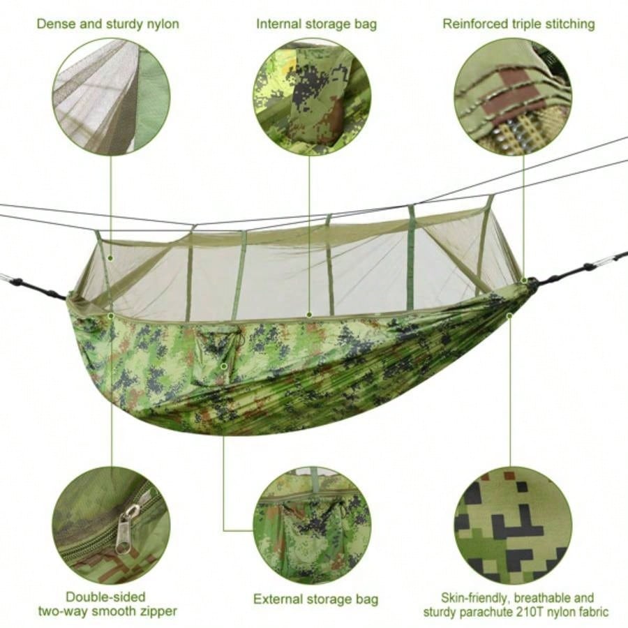 Camping Hammock, Portable Double Hammock with Net, 600lbs Load 2 Persons Hammock/Mosquito Net Outdoor Hiking Camping Hommock Portable Nylon Swing Hanging Bed/ Strap Hook Carry Bag