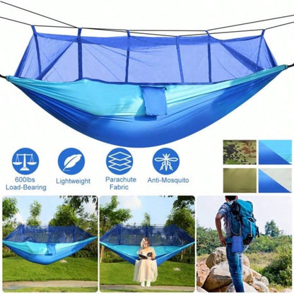 Camping Hammock, Portable Double Hammock with Net, 600lbs Load 2 Persons Hammock/Mosquito Net Outdoor Hiking Camping Hommock Portable Nylon Swing Hanging Bed/ Strap Hook Carry Bag