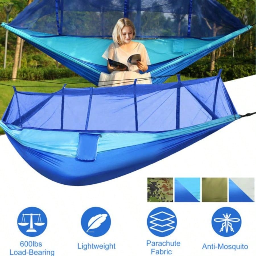 Camping Hammock, Portable Double Hammock with Net, 600lbs Load 2 Persons Hammock/Mosquito Net Outdoor Hiking Camping Hommock Portable Nylon Swing Hanging Bed/ Strap Hook Carry Bag