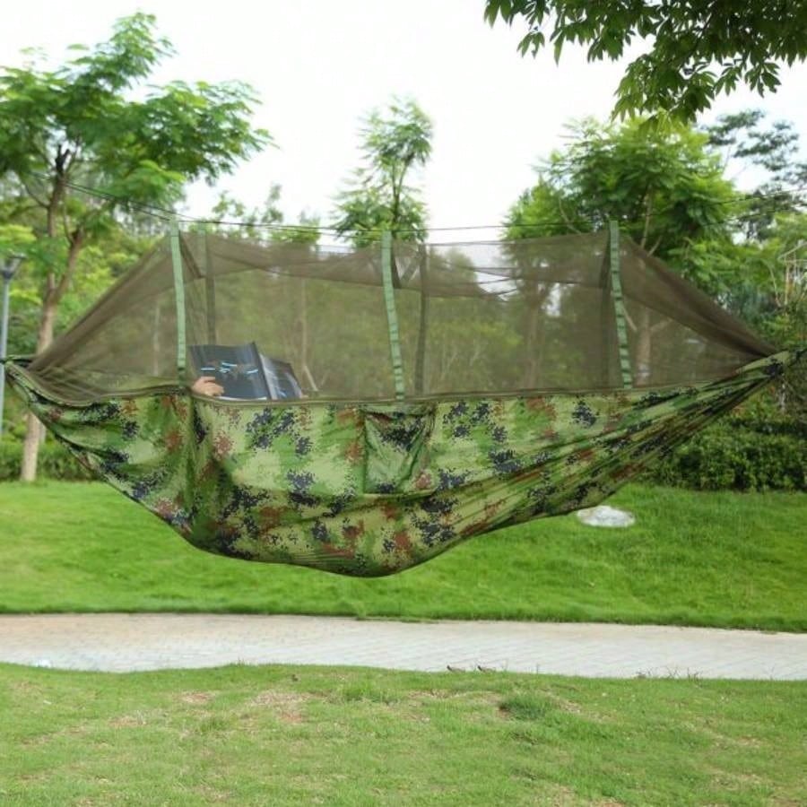 Camping Hammock, Portable Double Hammock with Net, 600lbs Load 2 Persons Hammock/Mosquito Net Outdoor Hiking Camping Hommock Portable Nylon Swing Hanging Bed/ Strap Hook Carry Bag