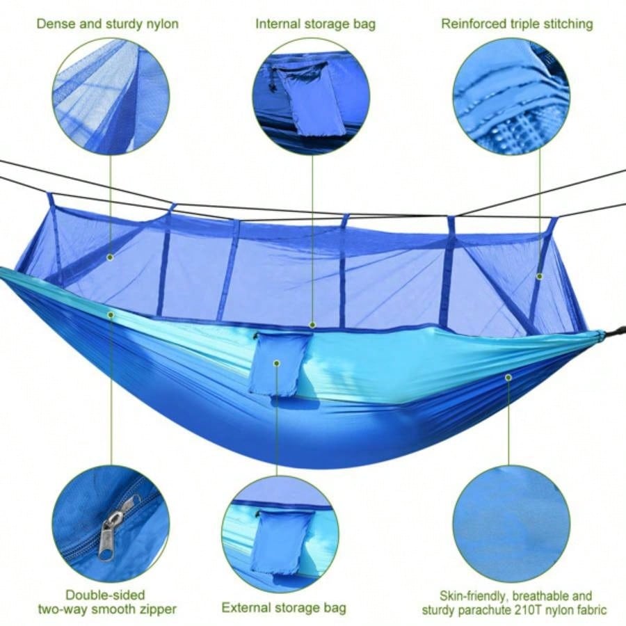 Camping Hammock, Portable Double Hammock with Net, 600lbs Load 2 Persons Hammock/Mosquito Net Outdoor Hiking Camping Hommock Portable Nylon Swing Hanging Bed/ Strap Hook Carry Bag