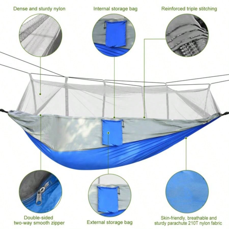 Camping Hammock, Portable Double Hammock with Net, 600lbs Load 2 Persons Hammock/Mosquito Net Outdoor Hiking Camping Hommock Portable Nylon Swing Hanging Bed/ Strap Hook Carry Bag