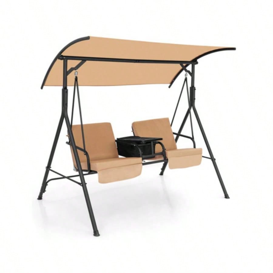 2 Seater Porch Swing Chair with Handy Storage and 360176; Rotatable Tray