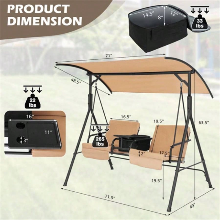 2 Seater Porch Swing Chair with Handy Storage and 360176; Rotatable Tray