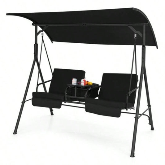 2 Seater Porch Swing Chair with Handy Storage and 360176; Rotatable Tray Black