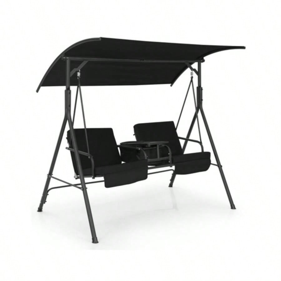 2 Seater Porch Swing Chair with Handy Storage and 360176; Rotatable Tray Black