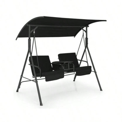 2 Seater Porch Swing Chair with Handy Storage and 360176; Rotatable Tray Black