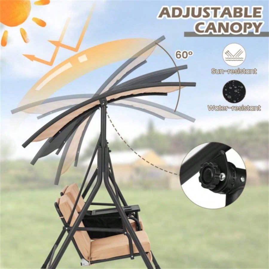 2 Seater Porch Swing Chair with Handy Storage and 360176; Rotatable Tray