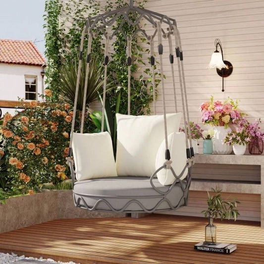 Outdoor Porch Swing Chair Hanging Basket, Hanging Chair with Resistant Cushion, Olefin Fabric Patio Porch, Balcony, Beige