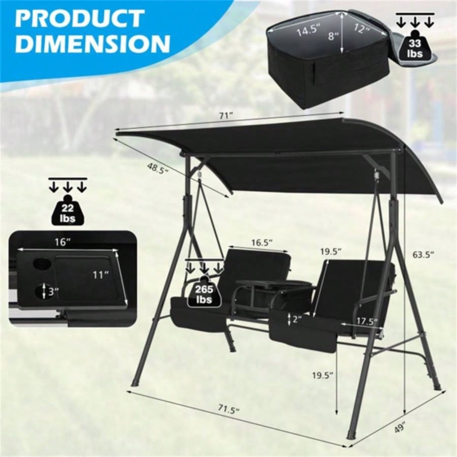 2 Seater Porch Swing Chair with Handy Storage and 360176; Rotatable Tray Black