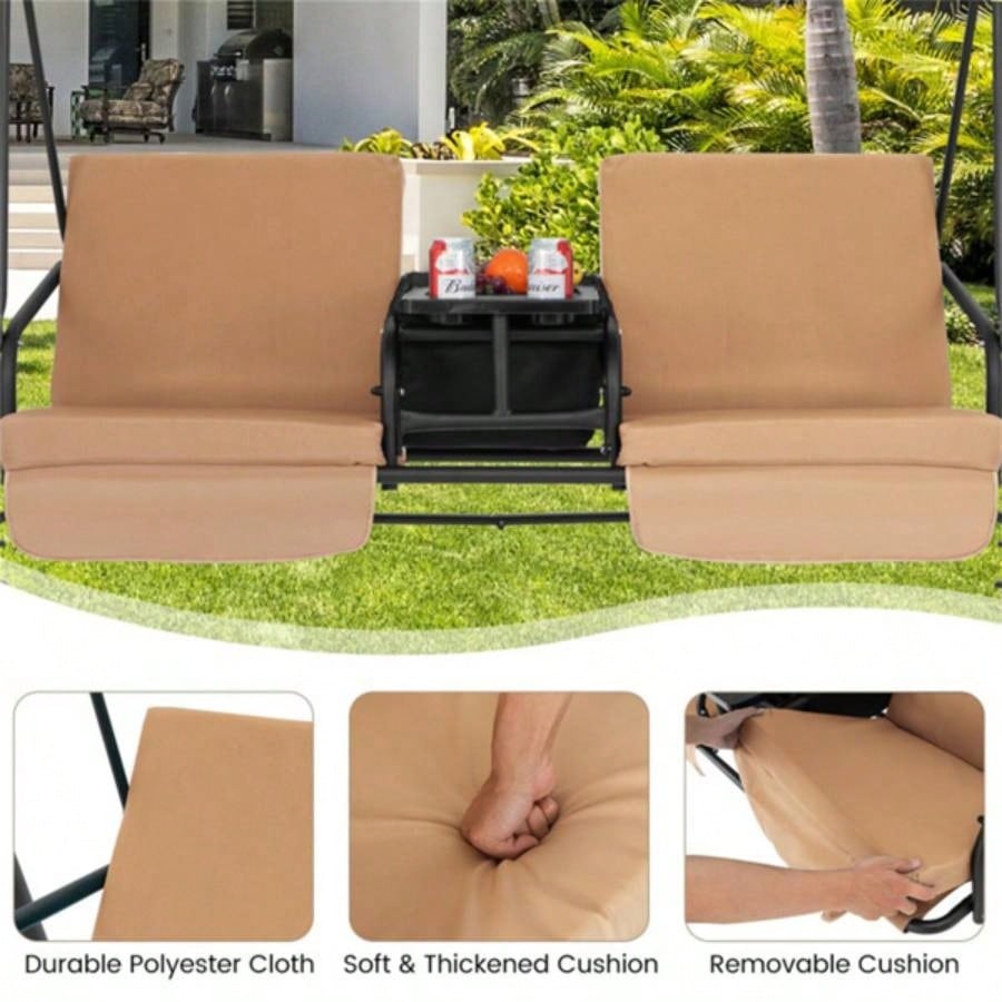 2 Seater Porch Swing Chair with Handy Storage and 360176; Rotatable Tray