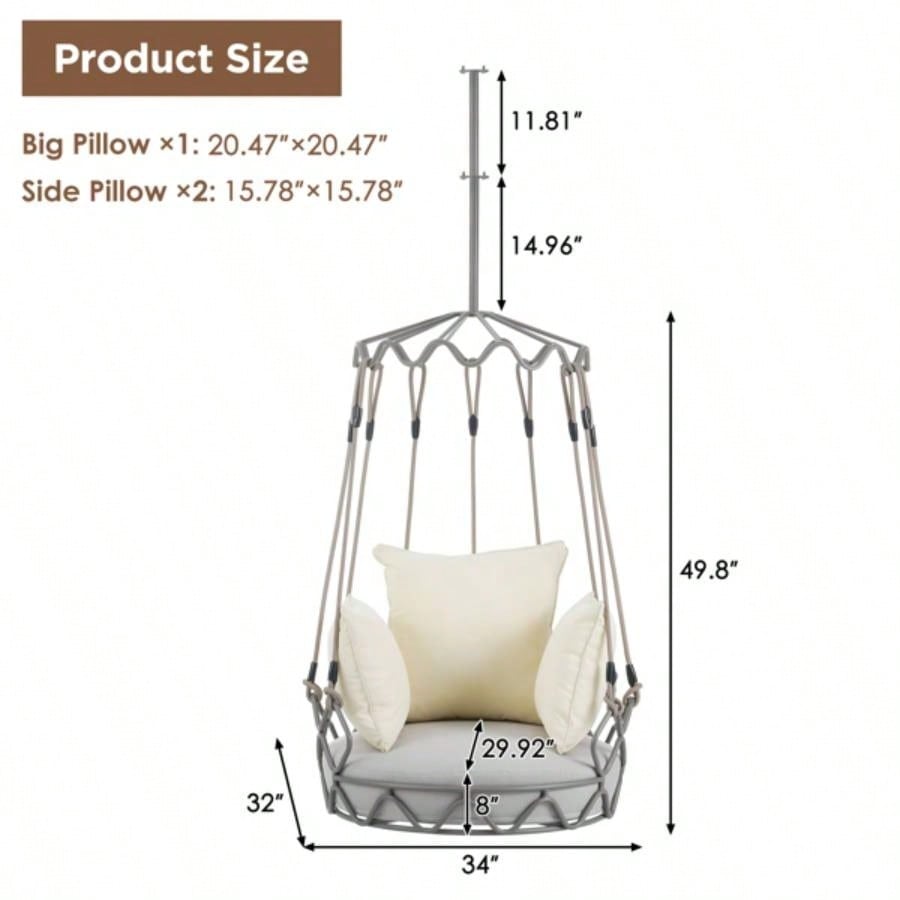 Outdoor Porch Swing Chair Hanging Basket, Hanging Chair with Resistant Cushion, Olefin Fabric Patio Porch, Balcony, Beige