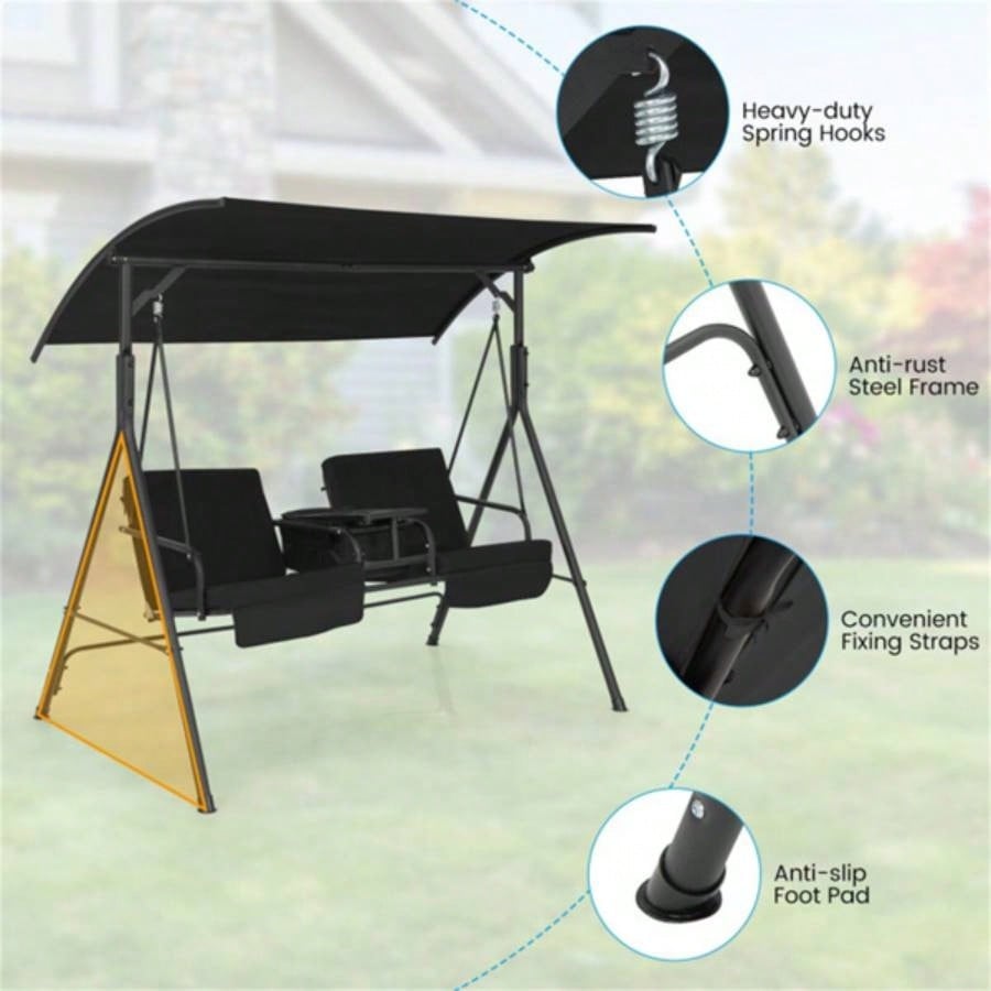 2 Seater Porch Swing Chair with Handy Storage and 360176; Rotatable Tray Black