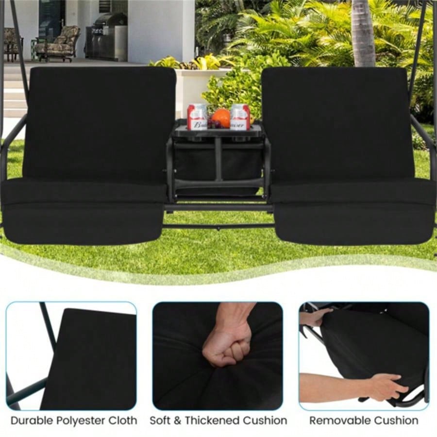 2 Seater Porch Swing Chair with Handy Storage and 360176; Rotatable Tray Black