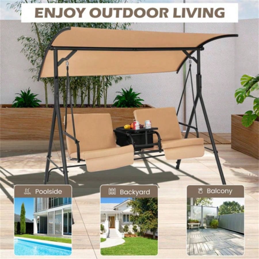 2 Seater Porch Swing Chair with Handy Storage and 360176; Rotatable Tray