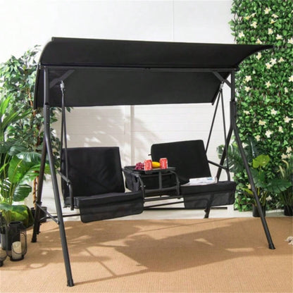 2 Seater Porch Swing Chair with Handy Storage and 360176; Rotatable Tray Black