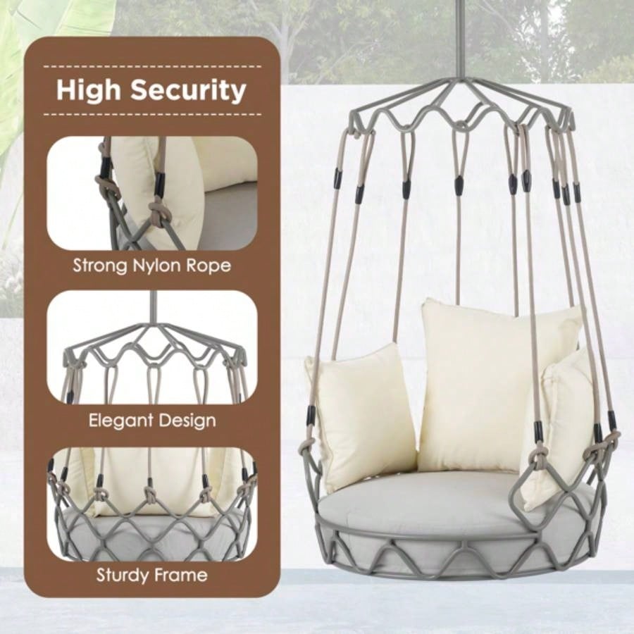 Outdoor Porch Swing Chair Hanging Basket, Hanging Chair with Resistant Cushion, Olefin Fabric Patio Porch, Balcony, Beige