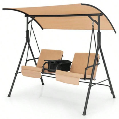 2 Seater Porch Swing Chair with Handy Storage and 360176; Rotatable Tray
