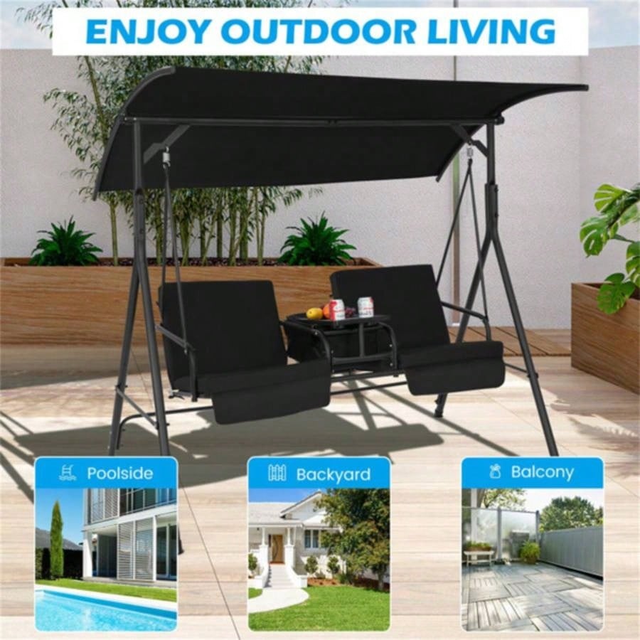 2 Seater Porch Swing Chair with Handy Storage and 360176; Rotatable Tray Black