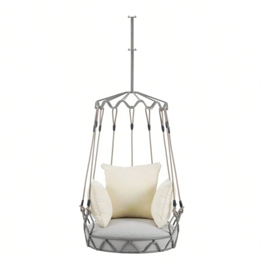 Outdoor Porch Swing Chair Hanging Basket, Hanging Chair with Resistant Cushion, Olefin Fabric Patio Porch, Balcony, Beige