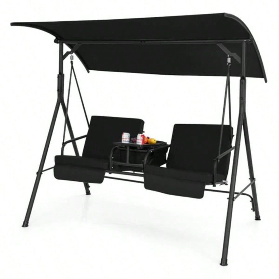 2 Seater Porch Swing Chair with Handy Storage and 360176; Rotatable Tray Black