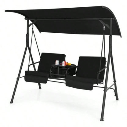 2 Seater Porch Swing Chair with Handy Storage and 360176; Rotatable Tray Black