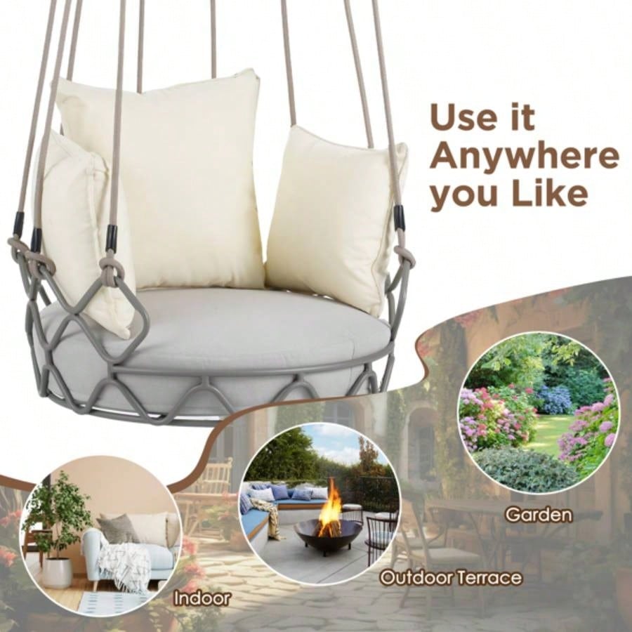 Outdoor Porch Swing Chair Hanging Basket, Hanging Chair with Resistant Cushion, Olefin Fabric Patio Porch, Balcony, Beige