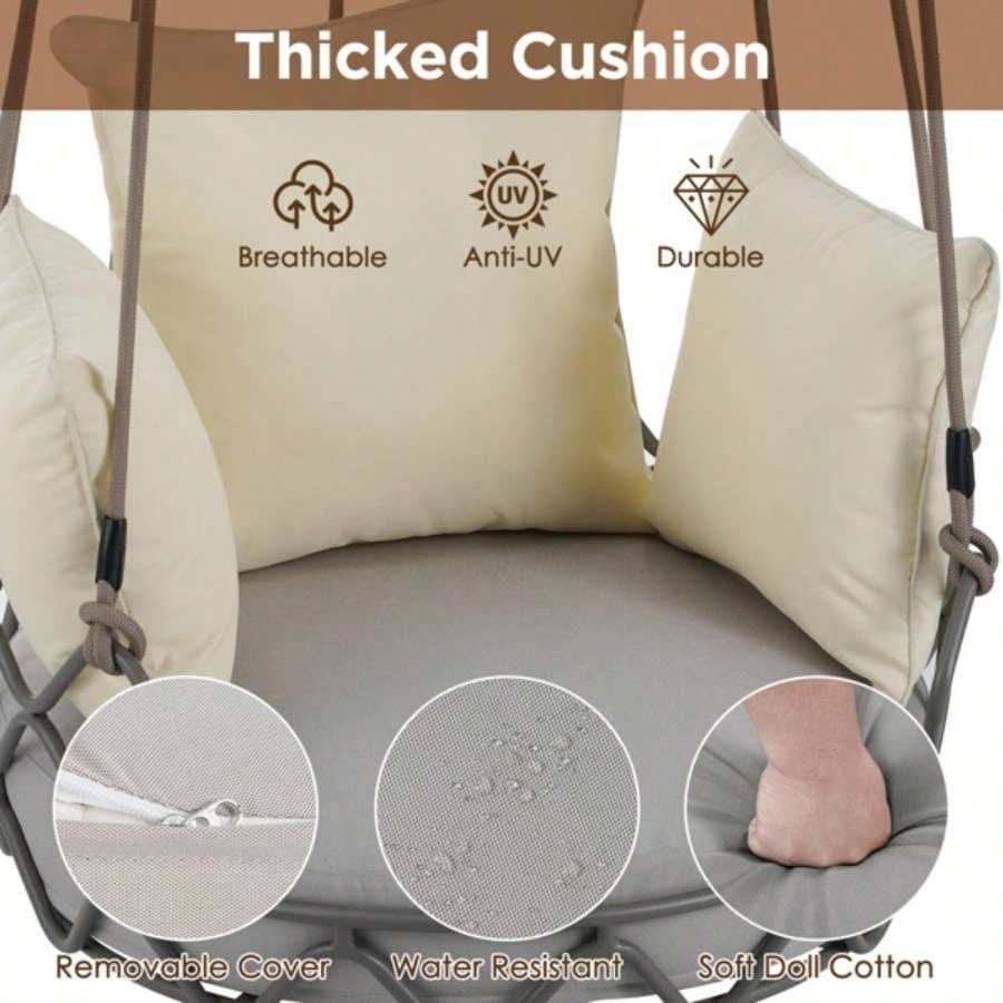 Outdoor Porch Swing Chair Hanging Basket, Hanging Chair with Resistant Cushion, Olefin Fabric Patio Porch, Balcony, Beige