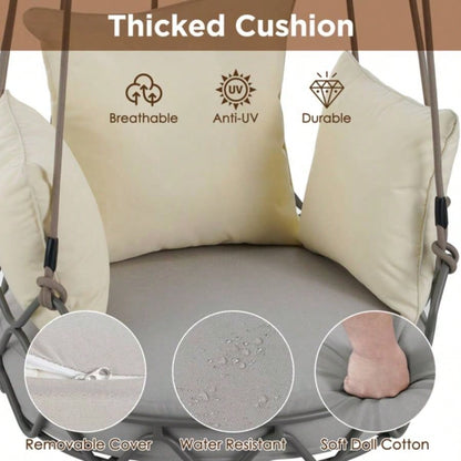 Outdoor Porch Swing Chair Hanging Basket, Hanging Chair with Resistant Cushion, Olefin Fabric Patio Porch, Balcony, Beige