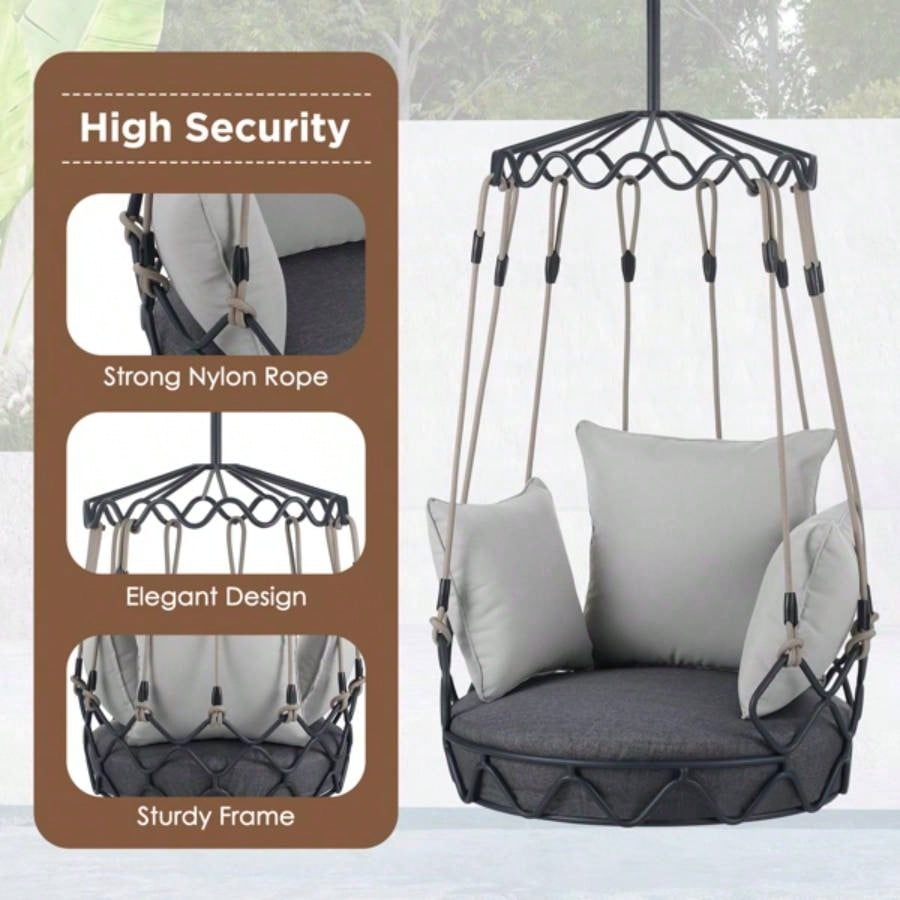 Outdoor Porch Swing Chair Hanging Basket, Hanging Chair with Resistant Cushion, Olefin Fabric Patio Porch, Balcony, Gray