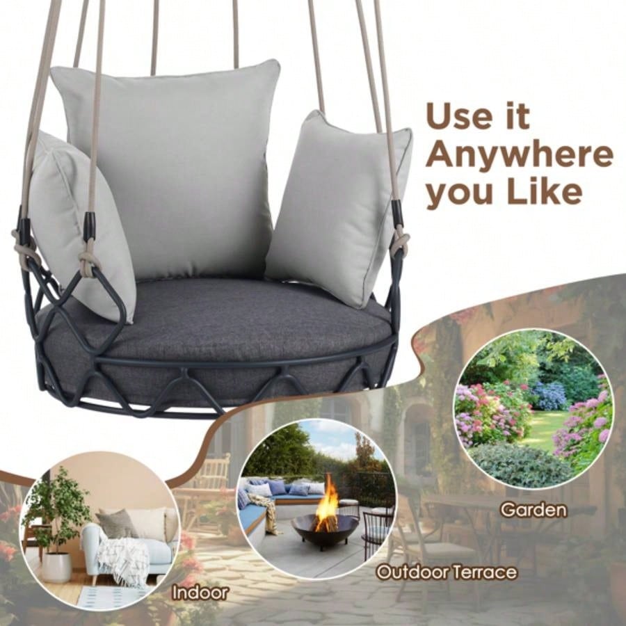 Outdoor Porch Swing Chair Hanging Basket, Hanging Chair with Resistant Cushion, Olefin Fabric Patio Porch, Balcony, Gray