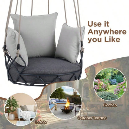 Outdoor Porch Swing Chair Hanging Basket, Hanging Chair with Resistant Cushion, Olefin Fabric Patio Porch, Balcony, Gray