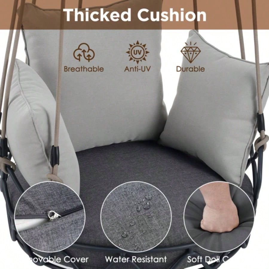 Outdoor Porch Swing Chair Hanging Basket, Hanging Chair with Resistant Cushion, Olefin Fabric Patio Porch, Balcony, Gray