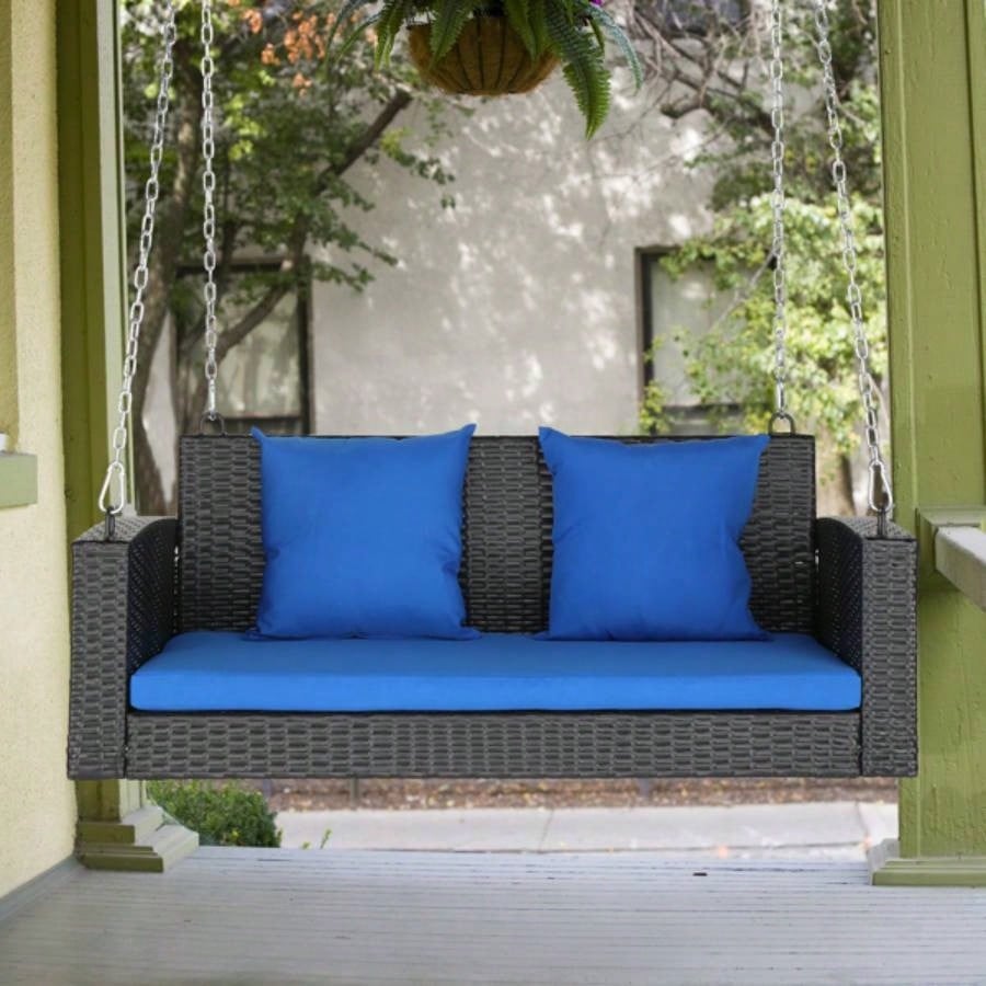 49in Black Rattan Blue Cushion Rattan Swing Chairwithout frame