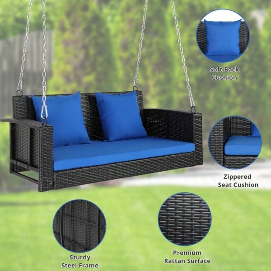 49in Black Rattan Blue Cushion Rattan Swing Chairwithout frame