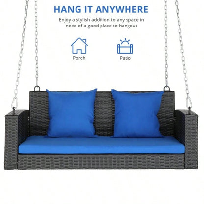 49in Black Rattan Blue Cushion Rattan Swing Chairwithout frame