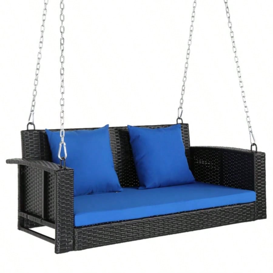49in Black Rattan Blue Cushion Rattan Swing Chairwithout frame