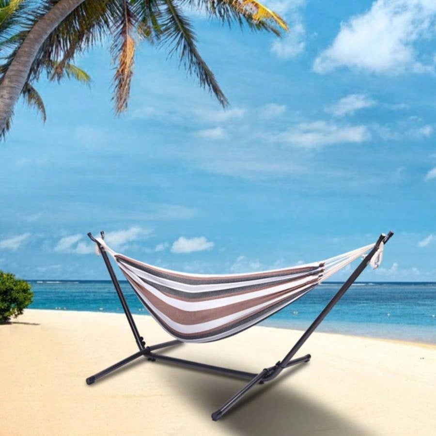 Professional Black Silver Flowers Hammock Stand with Polyester Coffee Stripe Hammock