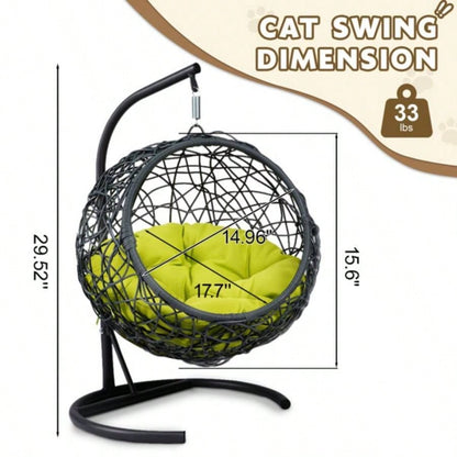 Swing Bed with Stand Cushion, Chair with Rattan Wicker Appearance, Indoor Hanging Swinging Bed Cats, Small Dogs, and Small Animals, Green