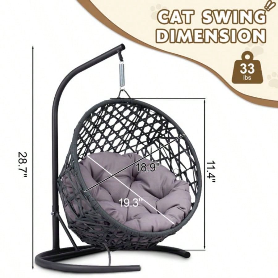 Swing Bed with Stand Cushion, Chair with Rattan Wicker Appearance, Indoor Hanging Swinging Bed Cats, Small Dogs, and Small Animals, Gray