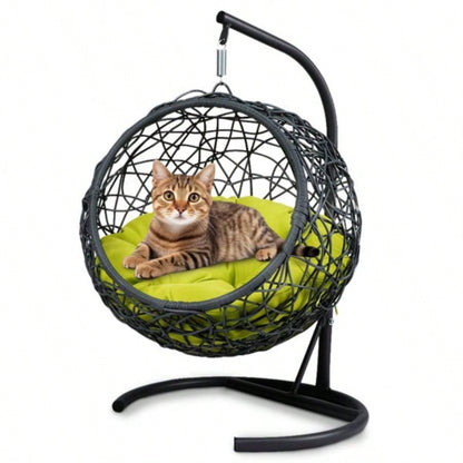 Swing Bed with Stand Cushion, Chair with Rattan Wicker Appearance, Indoor Hanging Swinging Bed Cats, Small Dogs, and Small Animals, Green